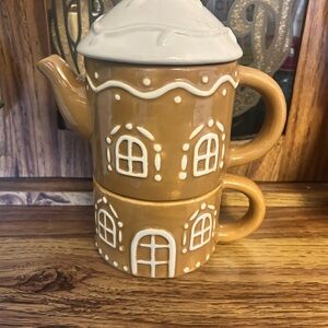 Gingerbread House Teapot and Cup Set - Brown and White